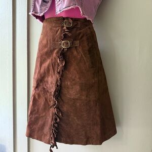 Vintage Brown Suede Fringe Wrap Skirt with Buckle Details